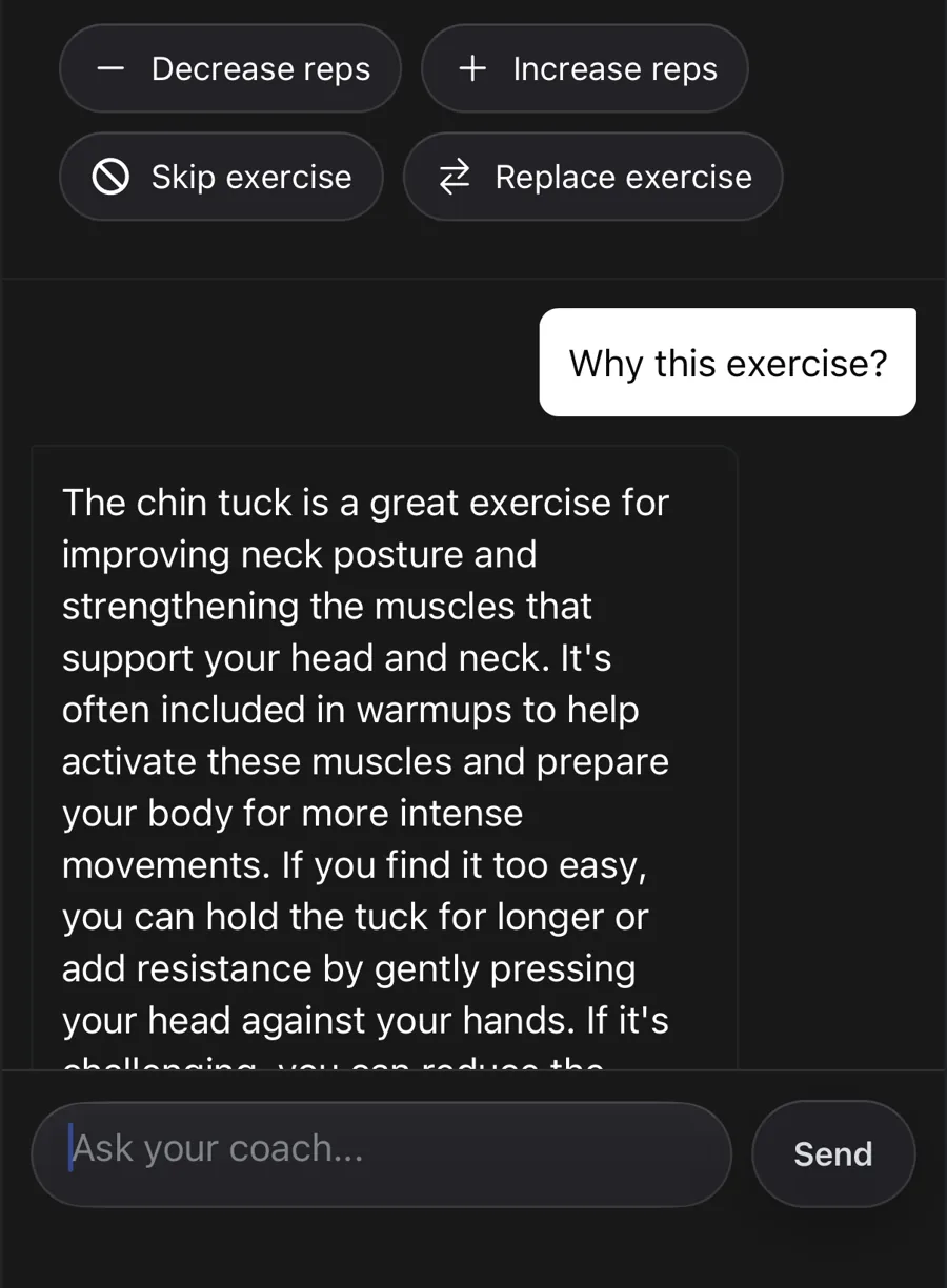 AWOD coach sheet: quick actions to change reps, skip, or replace an exercise, above a chat where the AI coach explains why the exercise is programmed