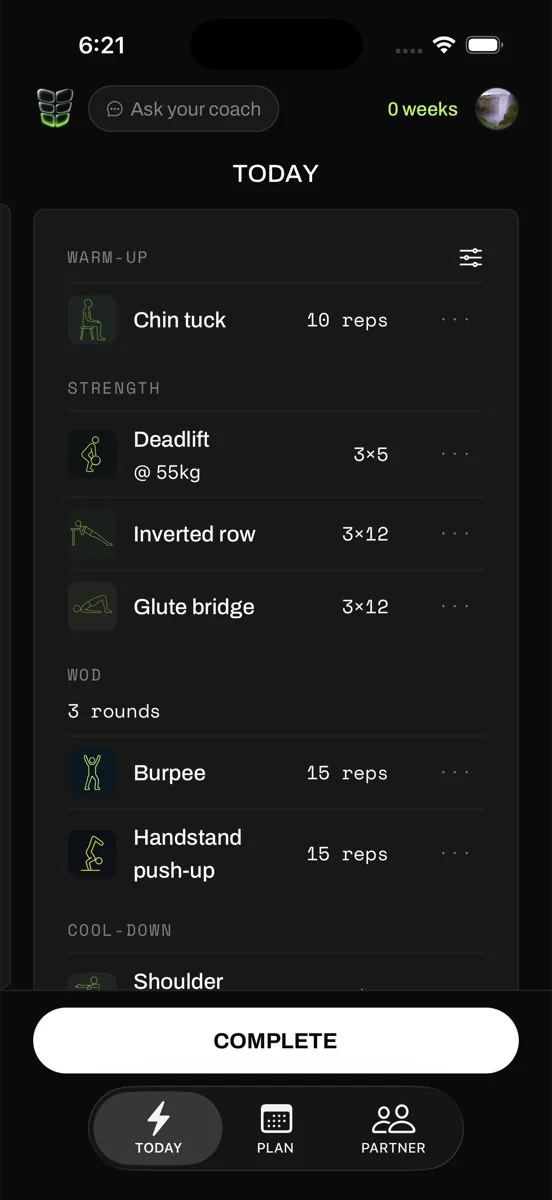 AWOD Today screen: warm-up, strength, WOD, and cool-down sections with movement icons and rep schemes